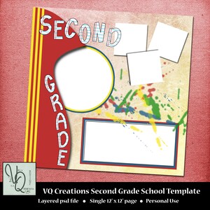 以下が含まれることがあります： 2年生用のデジタルスクラップブックテンプレート。赤と黄色のバナーに「SECOND GRADE」という文字が白で書かれています。背景はベージュの紙で、カラフルなペイントの飛沫があり、白いフォトフレームが4つあります。