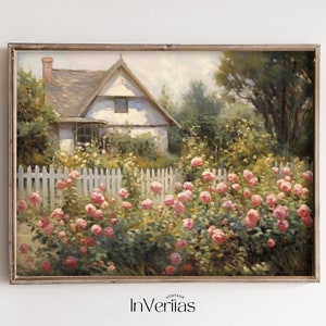 Cabaña con jardín de rosas Pintura de estilo vintage / Decoración de primavera y verano de cabaña / IMPRIMIBLE / No. 622