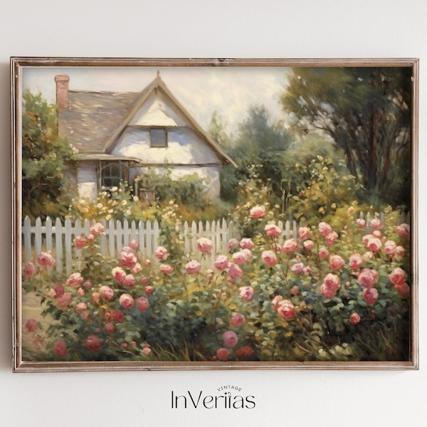 Cottage mit Rosengarten Gemälde im Vintage Stil | Cottage Frühling und Sommer Dekor | DRUCKBAR | Nr. 622