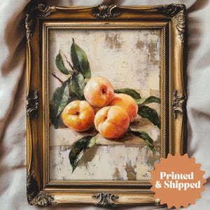 a vintage still life painting of peaches in muted colors