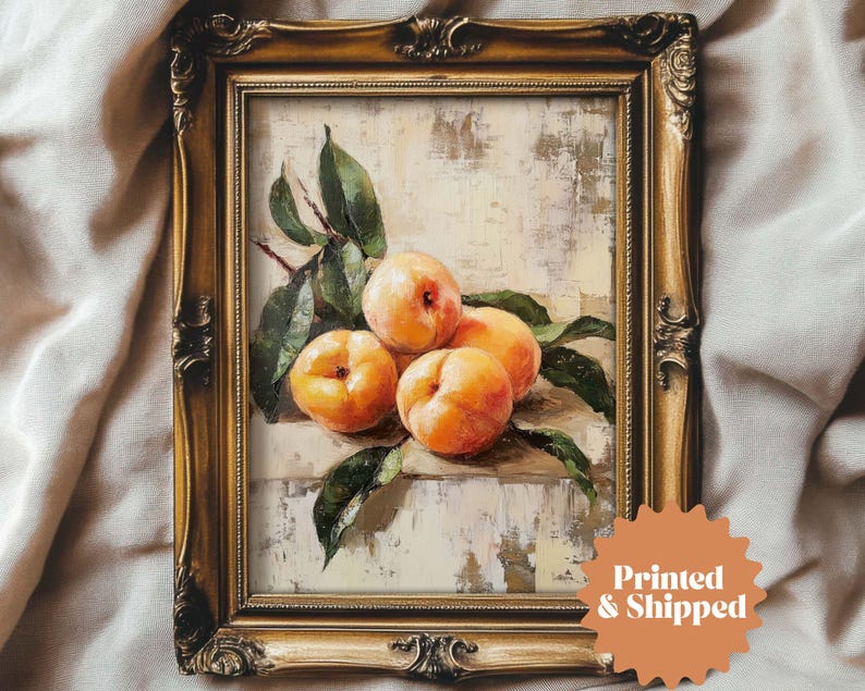 a vintage still life painting of peaches in muted colors