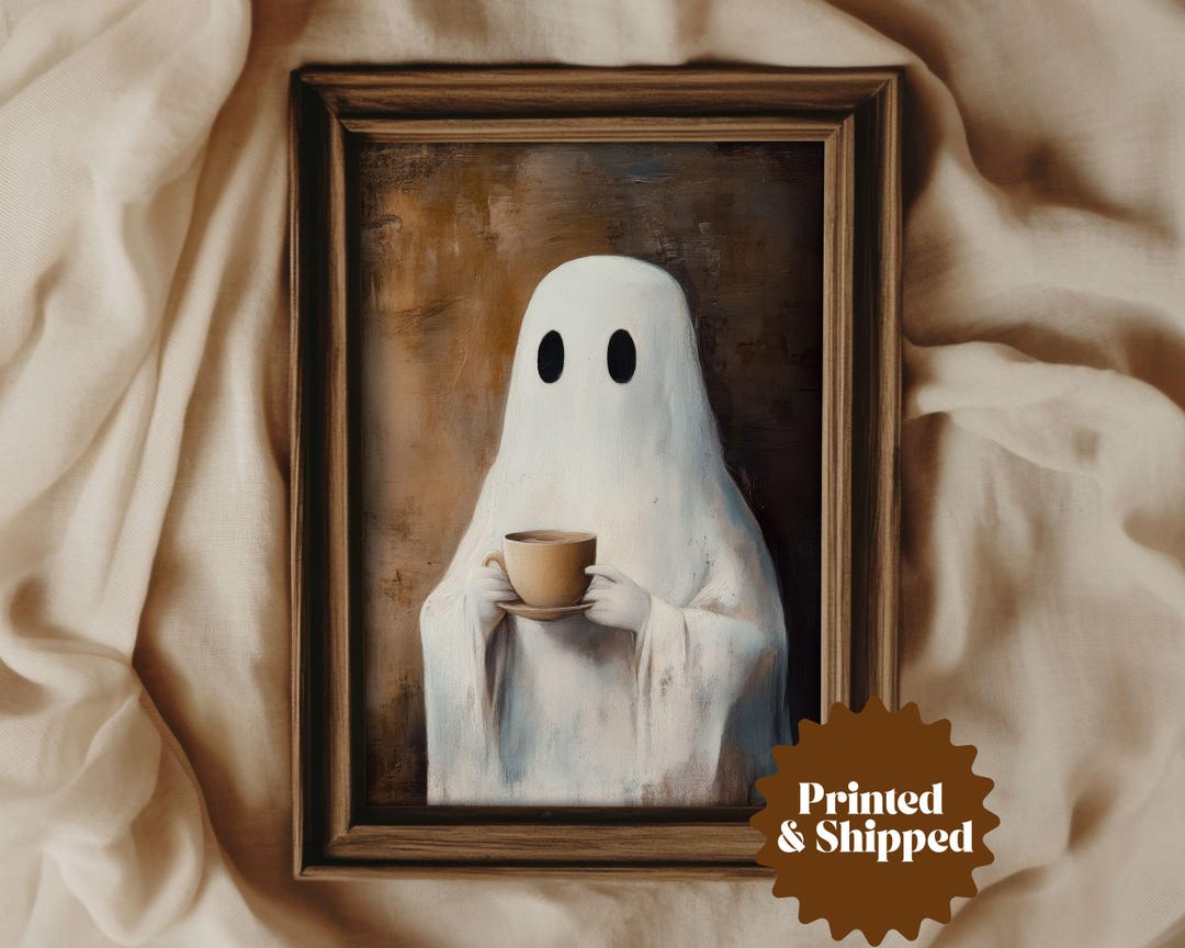 Ghost Drinking Coffee Vintage Style Halloween Wall Art | Country ...