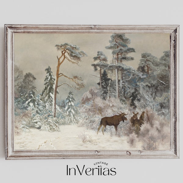 Vintage Elch Gemälde | Elchfamilie im verschneiten Wald | Rustikales Bauernhaus Dekor | DRUCKBAR | Nr. 273