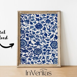 May include: A digital download of a printable art print featuring a blue and white floral pattern. The pattern is reminiscent of traditional Chinese porcelain.