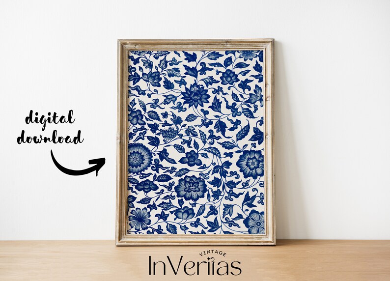 May include: A digital download of a printable art print featuring a blue and white floral pattern. The pattern is reminiscent of traditional Chinese porcelain.
