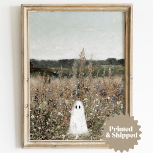 Cute Ghost on a Flower Meadow Vintage Painting | Farmhouse Halloween Decor | Special Halloween Edition | PRINTED AND SHIPPED | No. A179