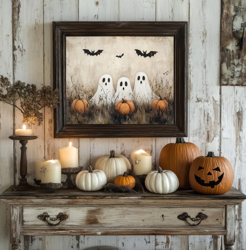 Cute Rustic Ghost Print Ghosts Pumpkins Bats Vintage Style Wall Art ...