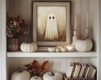 May include: A white wooden shelf with a framed painting of a ghost, white pumpkins, and a stack of books in a wicker basket.