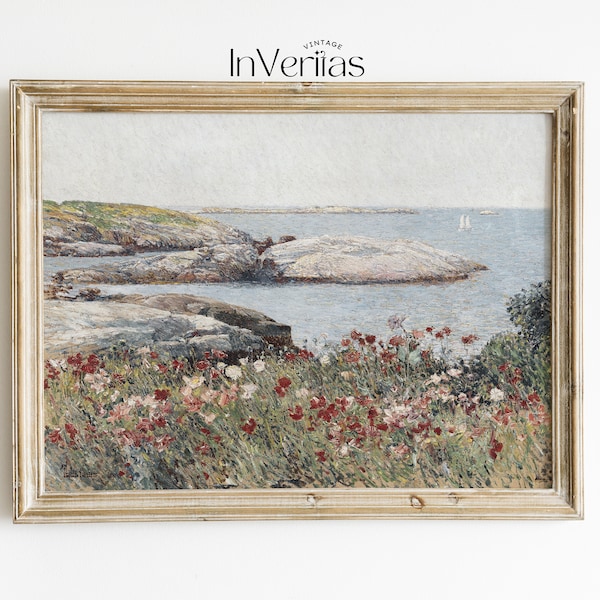 Vintage Seascape Painting | Poppies by the Sea | New England Coastal Landscape | PRINTABLE | No. 141