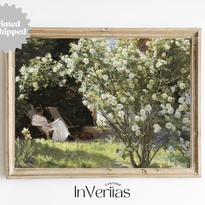 Woman Reading in Country Garden Vintage Painting | Cottagecore Decor | PRINTED AND SHIPPED | No. A044