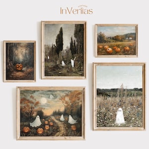 Könnte beinhalten: Fünf gerahmte Bilder mit Halloween-Motiv. Die Bilder zeigen eine Waldszene mit einem Kürbis, ein Blumenfeld mit einem Geist, eine Waldszene mit Geistern, eine Waldszene mit einem Geist und einem Friedhof sowie ein Feld mit Kürbissen.