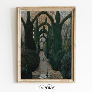 May include: A vintage painting depicting a garden path lined with tall, green trees that have been trimmed into arches. The path is lined with fallen leaves and leads to a fountain in the distance.