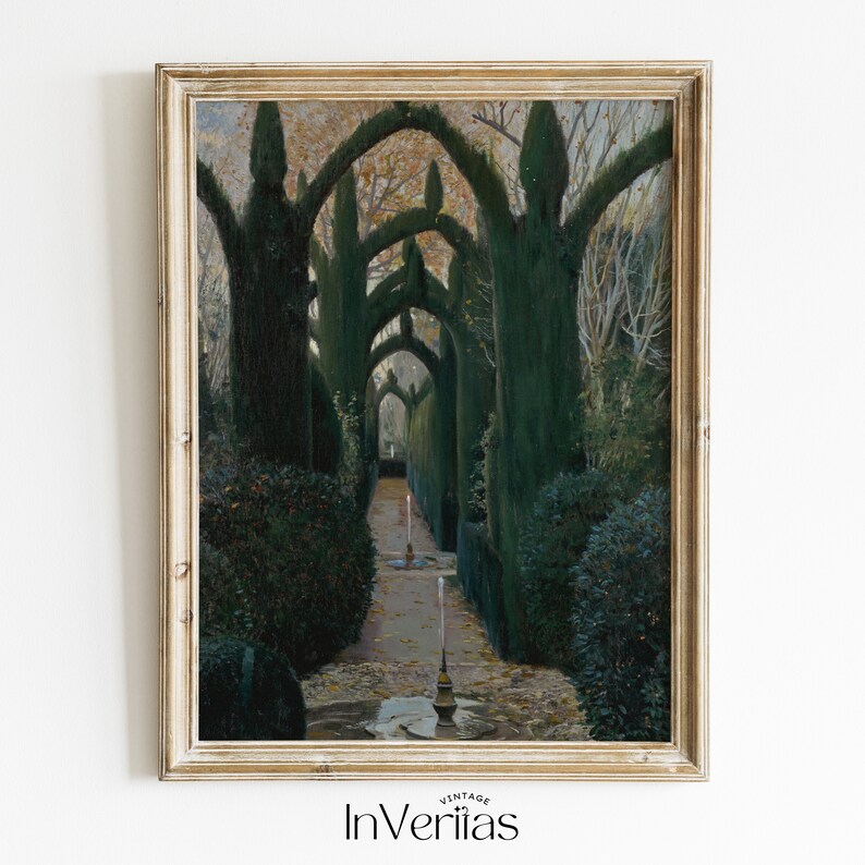 May include: A vintage painting depicting a garden path lined with tall, green trees that have been trimmed into arches. The path is lined with fallen leaves and leads to a fountain in the distance.