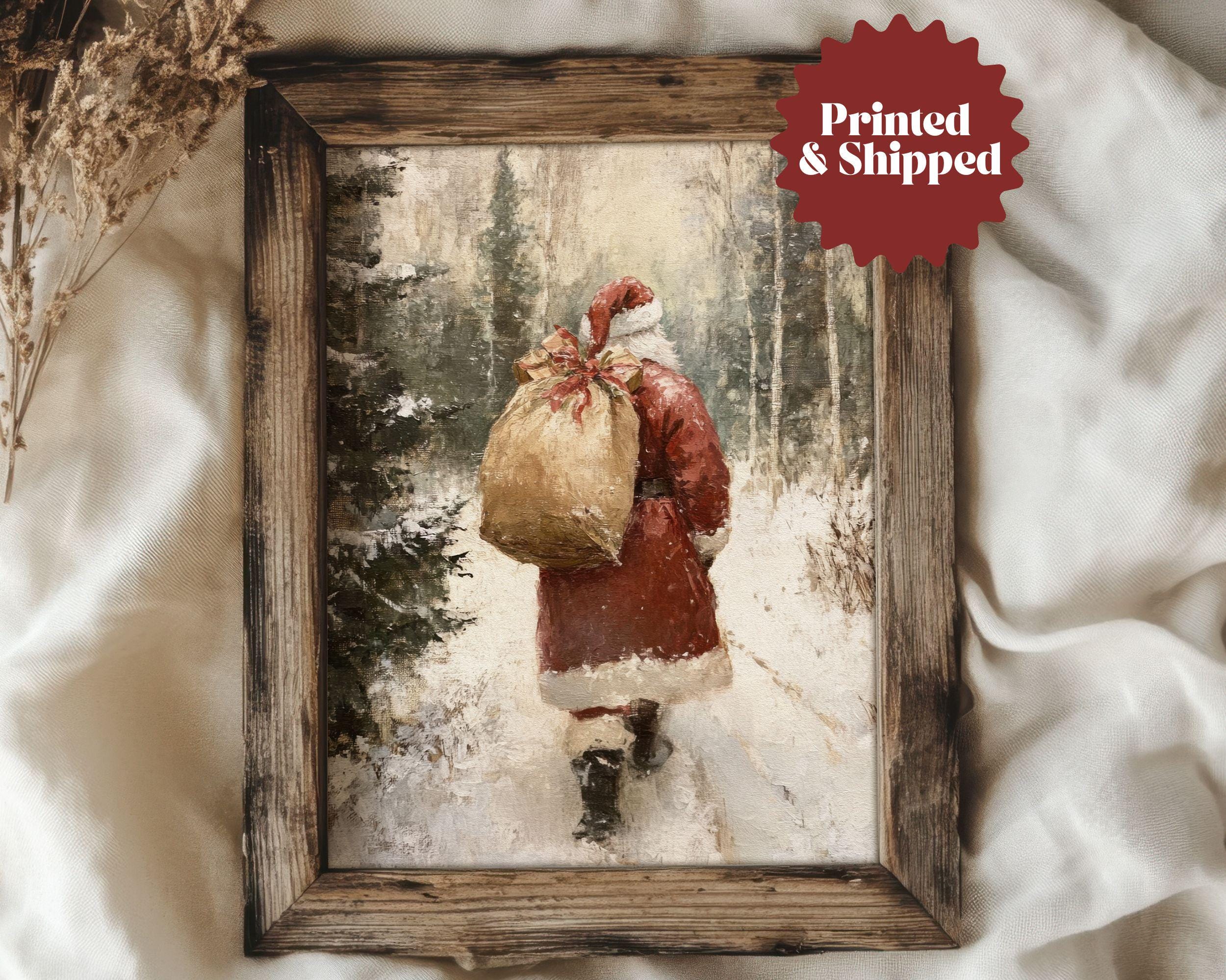 Santa Claus in Winter Forest Print Vintage Style Painting | Cozy Christmas Wall Art | Cottage Holiday Decor | PRINTED AND SHIPPED | No. A367