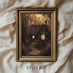 May include: A painting depicting a small cottage with a lit window, situated in a dark woodland with autumn leaves on the ground. The cottage has a stone exterior and a wooden door. The painting is framed in a gold frame.