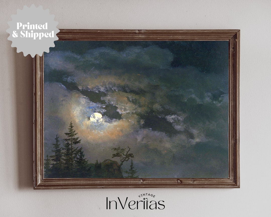 Full Moon Night Sky Vintage Painting | Moody Dark Cottagecore Decor ...