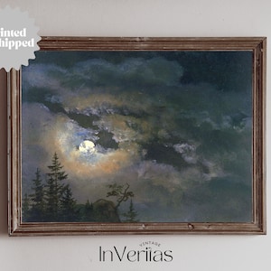 Full Moon Night Sky Vintage Painting | Moody Dark Cottagecore Decor | PRINTED AND SHIPPED | No. A166