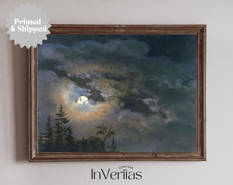 Full Moon Night Sky Vintage Painting | Moody Dark Cottagecore Decor | PRINTED AND SHIPPED | No. A166