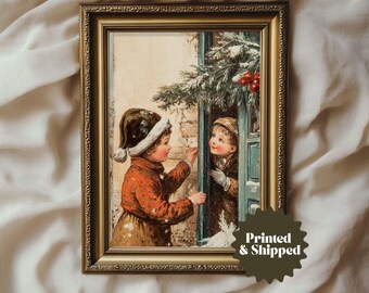 May include: A vintage Christmas card featuring two children in winter clothing. The girl is wearing a red coat and white hat, while the boy is wearing a brown coat and a black hat. They are standing in front of a doorway decorated with greenery and red berries.