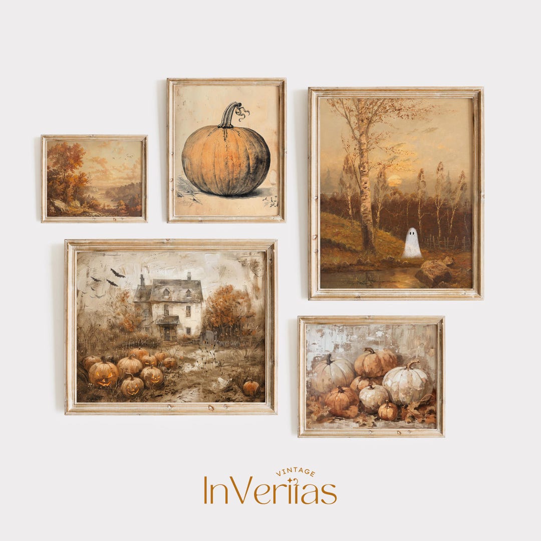 Vintage Fall Gallery Wall Pumpkins Ghost Autumn Print Set | Set of 5 ...
