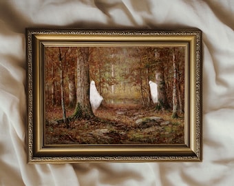 Pode incluir: Uma pintura emoldurada que retrata uma cena de floresta com dois fantasmas brancos no fundo. A pintura está em uma moldura dourada e tem um esquema de cores marrom e verde.