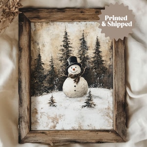 a muted print of a snowman in a winter landscape