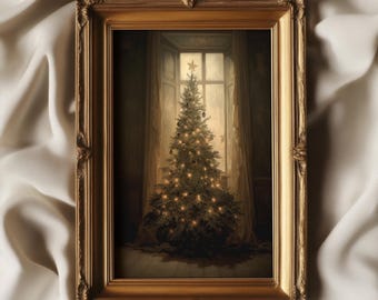 May include: A framed painting of a Christmas tree with lights, standing in front of a window with a view of a snowy landscape. The tree is decorated with ornaments and a star on top.