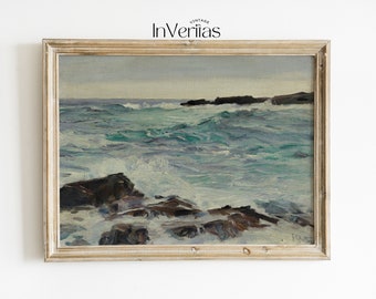 May include: A framed painting depicting a seascape with crashing waves and rocky outcroppings. The painting is done in a realistic style with muted colors, including blues, greens, and browns.