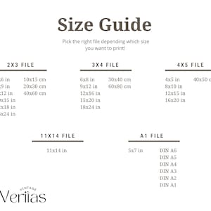 May include: Size guide for printable files in inches and centimetres.  The guide shows different file sizes for 2x3, 3x4, 4x5, 11x14, and A1 files.  The text "InVeritas" is at the bottom of the guide.