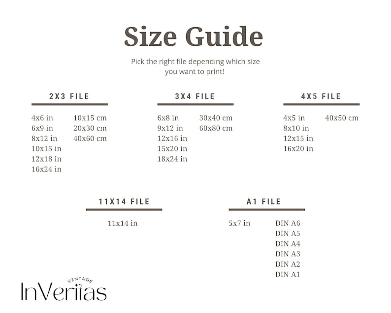 May include: Size guide for printable files in inches and centimetres.  The guide shows different file sizes for 2x3, 3x4, 4x5, 11x14, and A1 files.  The text "InVeritas" is at the bottom of the guide.