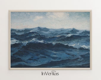 ヴィンテージ オーシャン ペインティング | 青い海の波のプリント | 海岸の装飾 | 印刷可能 | No. 149