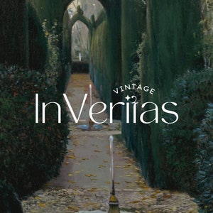 May include: A vintage-style logo for a company called "InVeriias" with a decorative star design. The logo is set against a background of a green, leafy archway with a stone path leading through it.