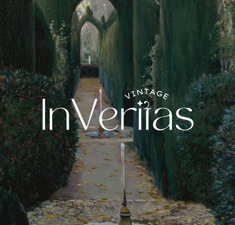 May include: A vintage-style logo for a company called "InVeriias" with a decorative star design. The logo is set against a background of a green, leafy archway with a stone path leading through it.