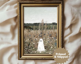 Cute Ghost on a Flower Meadow Vintage Painting | Farmhouse Halloween Decor | Special Halloween Edition | PRINTED AND SHIPPED | No. A179