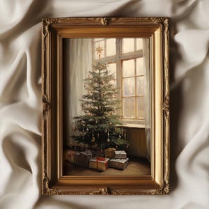 May include: A framed painting depicting a Christmas tree adorned with baubles and fairy lights, situated in a room with a window offering a view of a snowy scene. Gifts are wrapped and positioned beneath the tree.