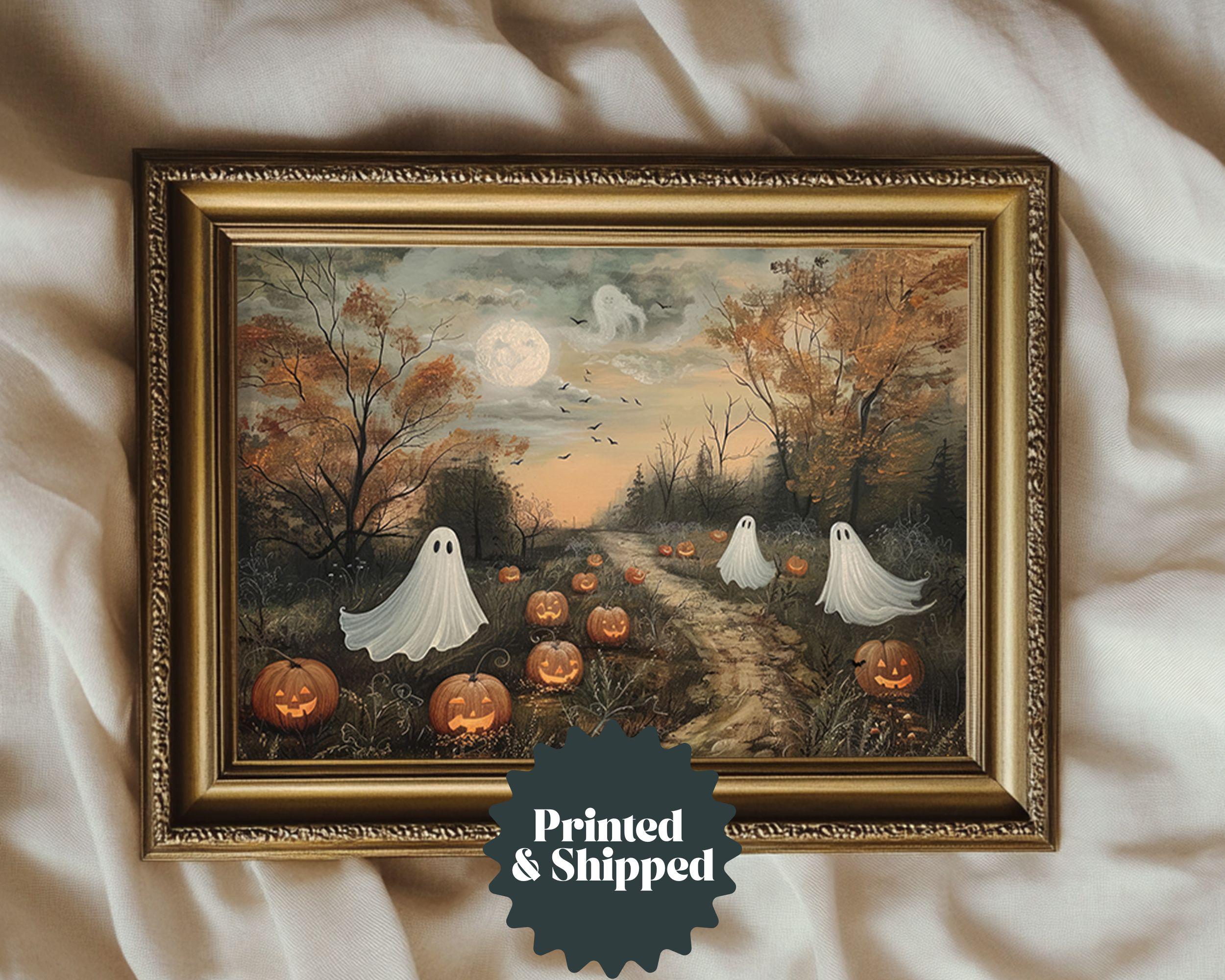 Little Ghosts Full Moon Pumpkin Patch Painting Vintage Style Wall Art | Spooky Ghost Cottage Fall Decor | PRINTED AND SHIPPED | No. A295