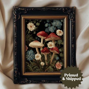 Mushrooms Print Vintage Toadstool Painting | Vintage Style Farmhouse Fall Decor Dark Cottagecore | PRINTED AND SHIPPED | No. A496