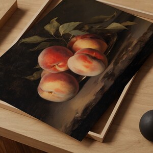 May include: A still life painting of four peaches on a dark background. The peaches are arranged in a cluster, with the largest peach in the center. The peaches are a soft, peachy color with a hint of red. The leaves of the peach tree are visible in the background.