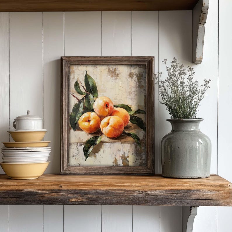 May include: A framed painting of a still life with four ripe peaches and green leaves on a textured background.