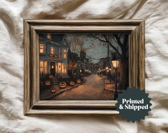 Moody Halloween Village Print | Spooky Vintage Style Decor Cottage | PRINTED AND SHIPPED | No. A536