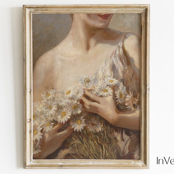 Peinture vintage éthérée | Femme aux marguerites | Peinture Portrait Rêveur | IMPRIMABLE | N° 100