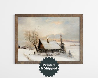 May include: A framed painting of a snowy winter scene with a small cabin in the foreground. The cabin has a wooden fence and a chimney with smoke coming out of it. There are trees and a path leading to the cabin. The sky is a light blue with some clouds. The painting is in a rustic wooden frame.