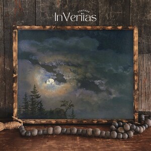Full Moon Night Sky Vintage Painting | Moody Dark Cottagecore Decor ...