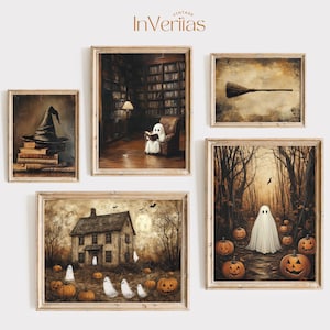 May include: Set of five Halloween-themed framed prints featuring a spooky house, a ghost in a forest, a ghost reading a book, a witch's hat, and a broom. The prints are all in a vintage style with a rustic brown frame.