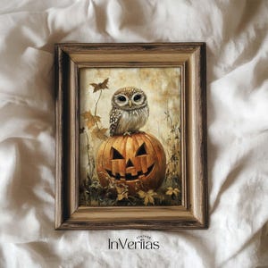 Puede incluir: Una impresión vintage enmarcada que presenta un pequeño búho posado sobre una calabaza tallada. La calabaza es naranja con una cara de linterna. El búho tiene plumas moteadas marrones y blancas. La impresión está en un marco de madera marrón. El texto "Vintage InVeriitas" está en la parte inferior.