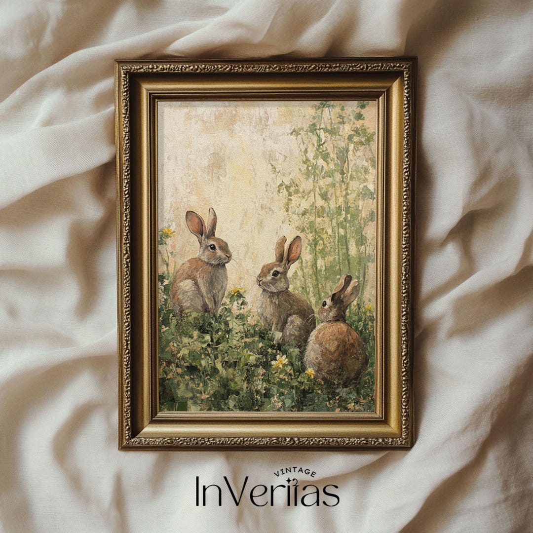 Muted Rabbits in Spring Print Vintage Style Bunny Wall Art | Cozy ...