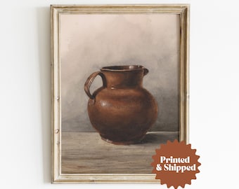 Pottery Jug Vintage Still Life Painting | Farmhouse Kitchen Decor | PRINTED AND SHIPPED | No. A027