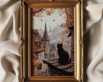 屋上の黒猫 気まぐれなヴィンテージ スタイルの絵画 | 落ち着いたコテージコアのハロウィーン デコレーション | 印刷可能 | No. 714