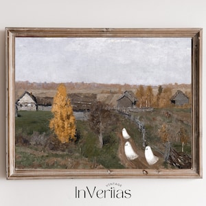 May include: A vintage painting of a rural landscape with three white ghosts walking down a path. The painting is framed in a brown wooden frame.
