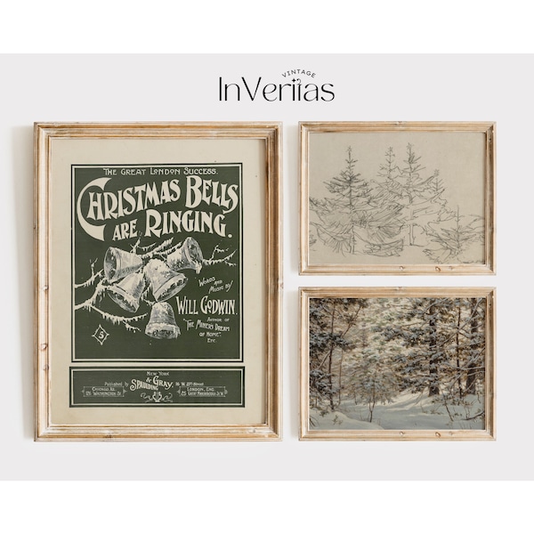 Traditional Dark Green Christmas Vintage Gallery Wall | Set of 3 Prints | Country Christmas Decor | PRINTABLE | No. 455